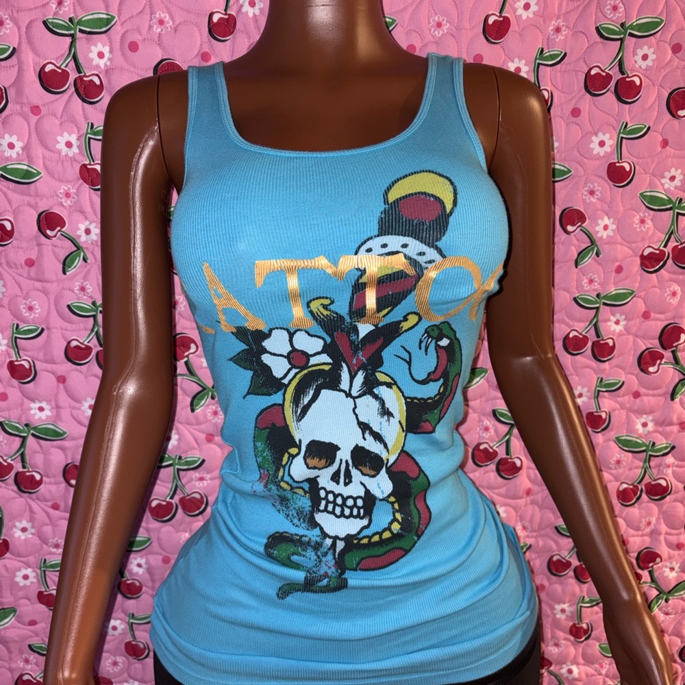 Y2K vintage Ed Hardy Aqua Tattoo Graphic Tank Top - Picture 2 of 4